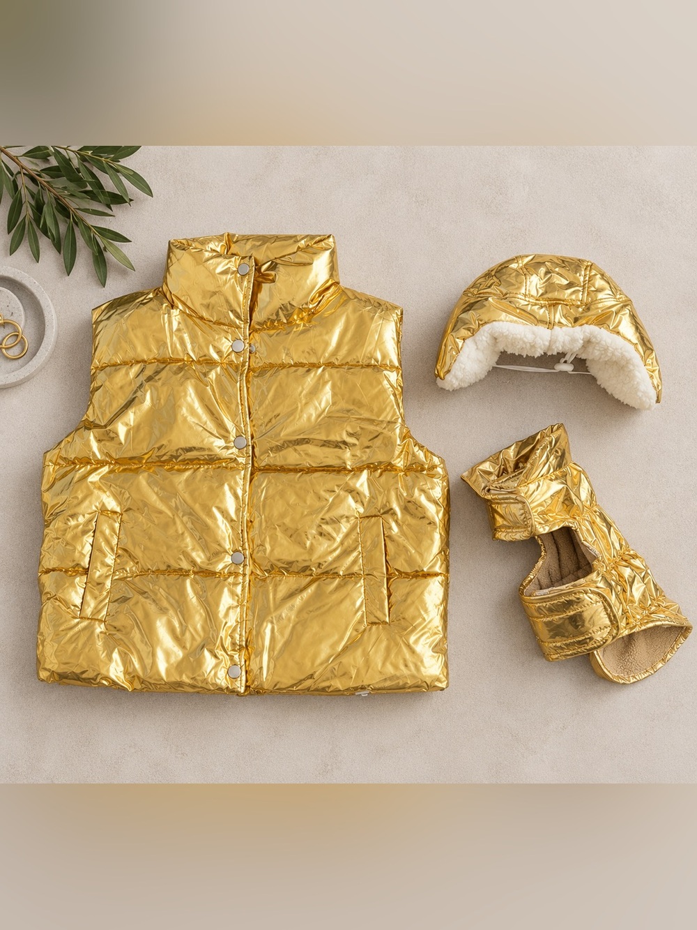 Dog mom Metallic Gold Puffer Vest - with matching dog coat and hat